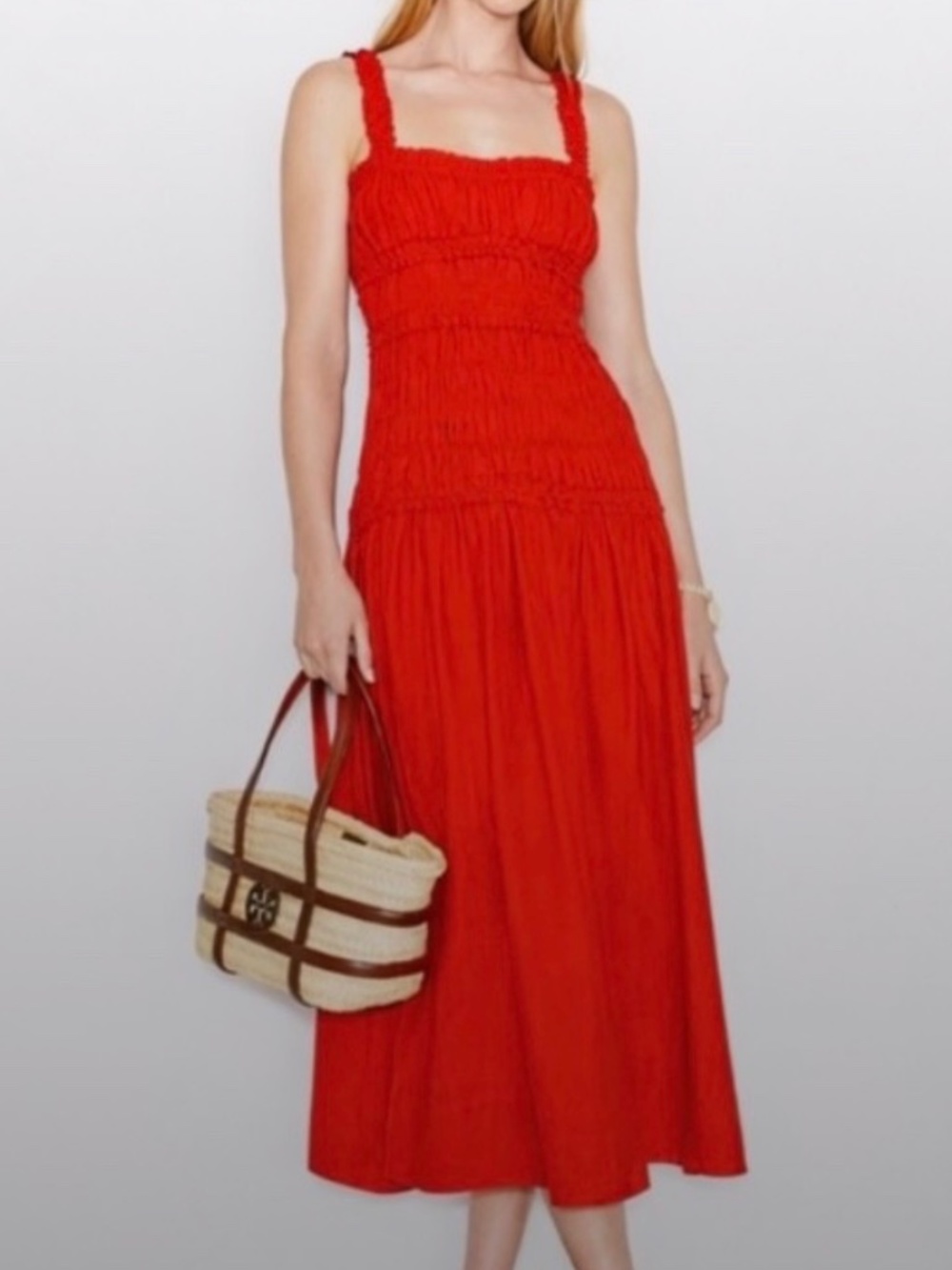 Tory Burch Smocked Midi Dress – Deep Poppy Red – Size S – NWOT
